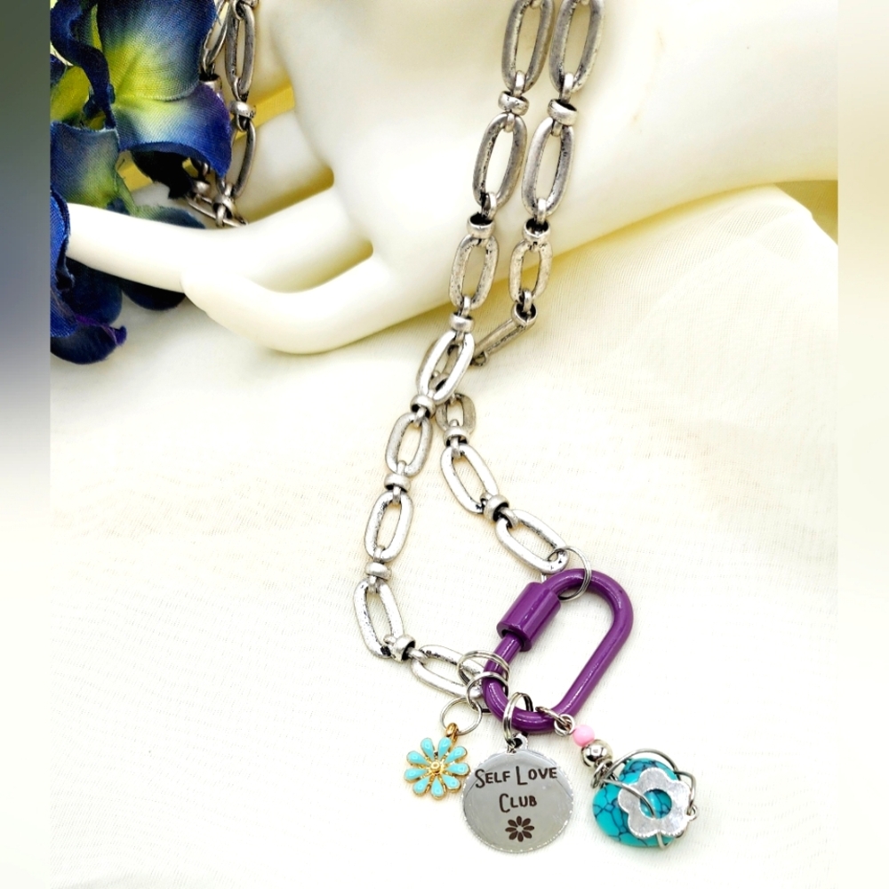 Brushed silver chain, purple carabiner clasp, 28inch, custom made neckla…